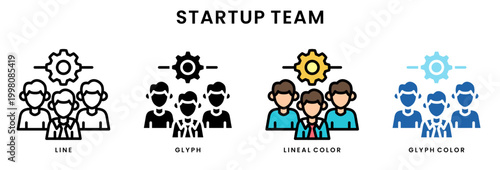 Startup team icon set line glyph lineal color and glyph color styles business collaboration teamwork concept with gear symbol