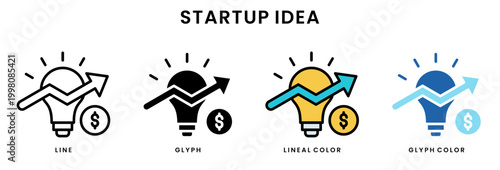 Startup idea icon set line glyph lineal color and glyph color styles business innovation growth concept with lightbulb arrow and finance symbol