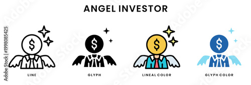 Angel investor icon set line glyph lineal color and glyph color styles startup funding investment concept with business angel symbol