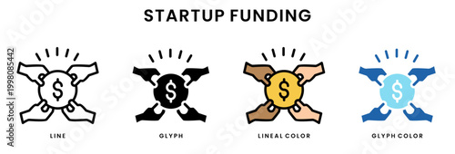 Startup funding icon set line glyph lineal color and glyph color styles investment collaboration concept with hands and money symbol