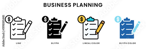 Business planning icon set line glyph lineal color and glyph color styles strategy checklist finance management concept