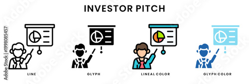 Investor pitch icon set line glyph lineal color and glyph color styles business presentation meeting startup funding concept with presenter and chart