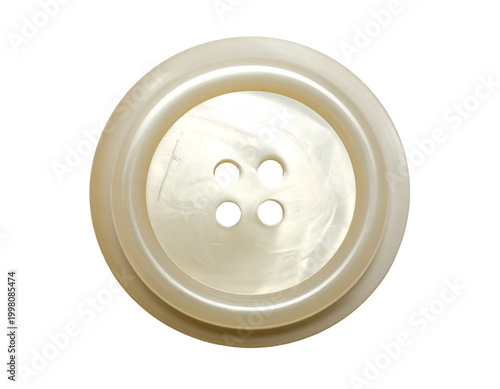 Circular, pearlescent fastener with four holes, isolated