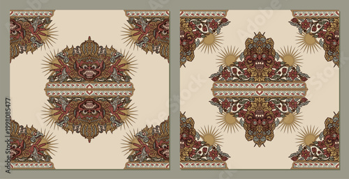 Vintage Bali Java Barong Mask Ornament Floral Medieval Background for Rug and Bandana or Label