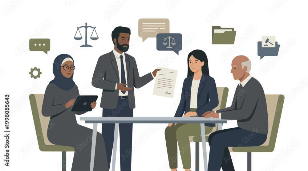Obraz premium Legal Consultation with Diverse Team Examining Documents Professional Law Firm Meeting Illustration Vector