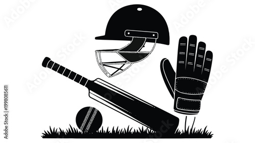 A close-up illustration of cricket equipment including a helmet, glove, bat, and ball on grass