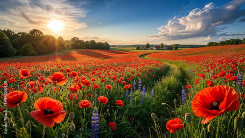 Bright poppy field in the countryside at sunset with flowers blooming and clouds in the sky