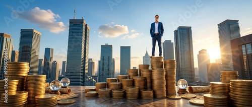 Businessperson stands on tall stacks of coins in a city skyline during sunset
