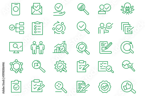 Inspection line icon set. Set of  outline icons related to inspection, examination, quality control, testing, check and others. Editable stroke. Vector illustration