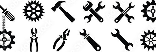 Professional automotive repair tool icons set, black vector silhouettes featuring wrenches, hammers, screwdrivers, gears and pliers on white background.