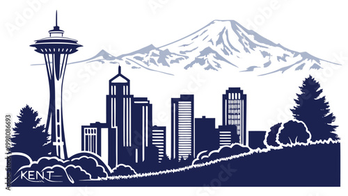 Kent skyline art featuring Sounder station and mountain