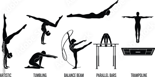 Professional gymnastics silhouette icon set featuring artistic tumbling balance beam parallel bars and trampoline athletes for competitive sports graphic design projects.