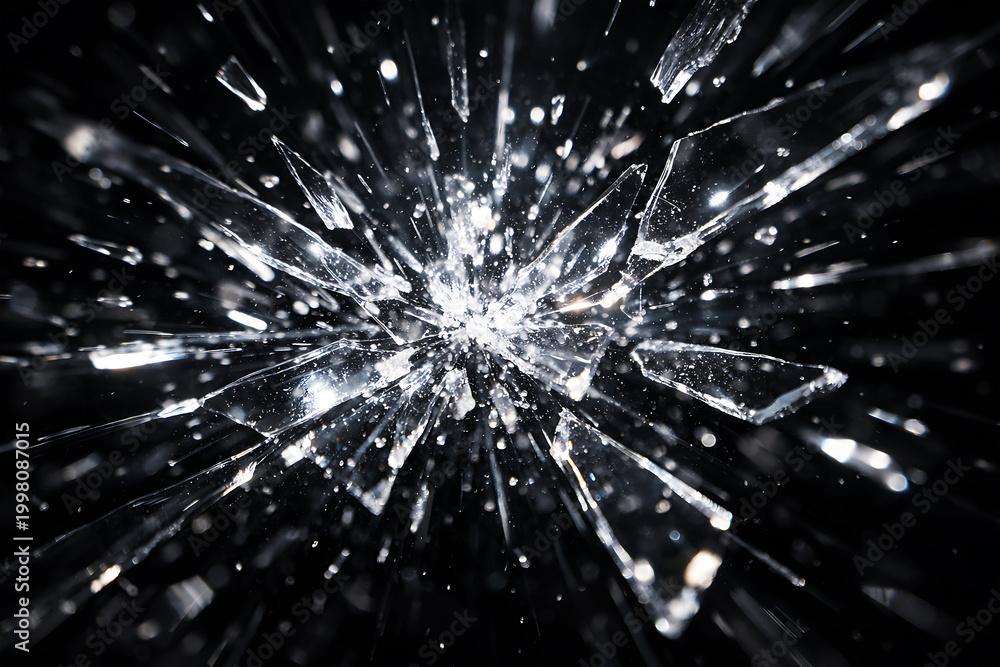 Fototapeta premium Shattered glass fragments in dynamic motion against dark background glass shards