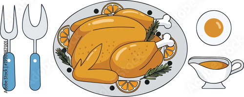 Roasted Turkey, Thanksgiving Food, Holiday Meal, Vector Illustration