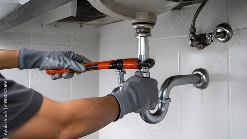 Professional plumber using wrench to repair leaking water pipe under kitchen sink, plumbing maintenance service fixing drain pipes, unclogging blocked or rusty kitchen plumbing system