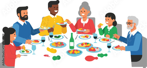 Diverse family, people eating, meal, dinner, food, vector illustration, table, restaurant, lunch, colorful