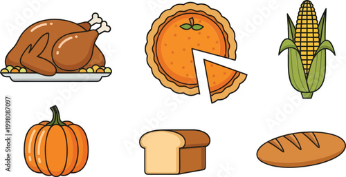 Thanksgiving food icons, traditional meal elements, vector illustrations, holiday dinner ingredients