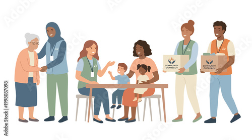 Community Outreach Volunteers Helping Diverse People Illustration Vector Graphic Showing Teamwork and Social Responsibility