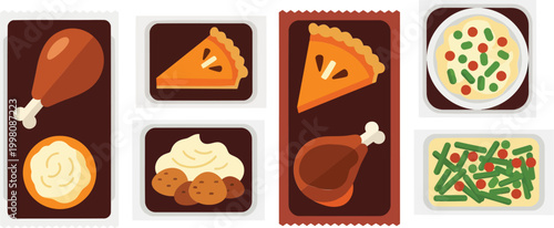 Thanksgiving food icons, traditional meal elements, turkey dinner graphics, holiday culinary illustrations