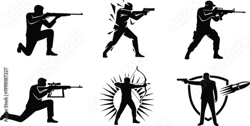 Professional set of shooting silhouettes featuring tactical rifle handgun sniper archery and personal defense icons for military and security applications.