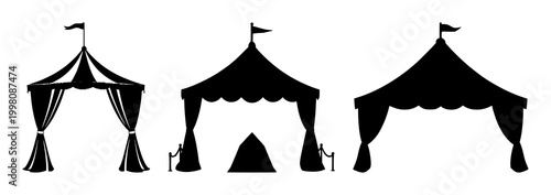 Circus tent set with bold black silhouette against clean white background featuring circus, carnival, entertainment with silhouette and landscape