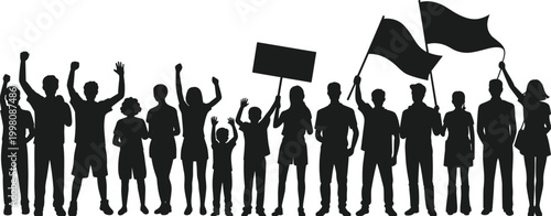 Protest crowd silhouette vector illustration showing diverse people holding flags and signs at political rally, social justice movement, strike demonstration.