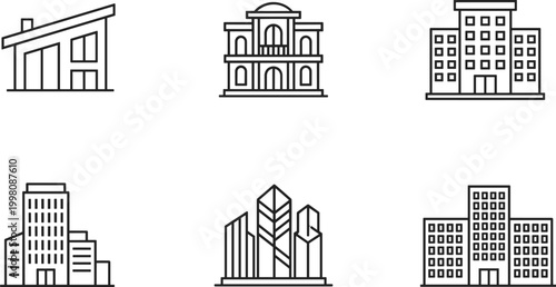 Real estate and architectural building line icon set featuring modern house, mansion, skyscraper, office, and apartment for urban city projects,