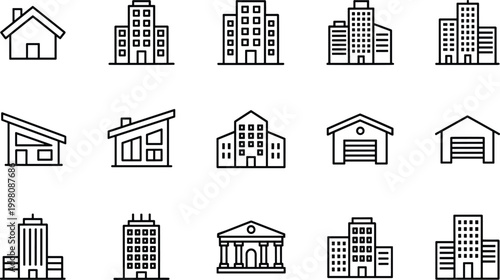 Real estate and city building line icon set featuring house, skyscraper, office, warehouse, and bank for urban architecture project designs,