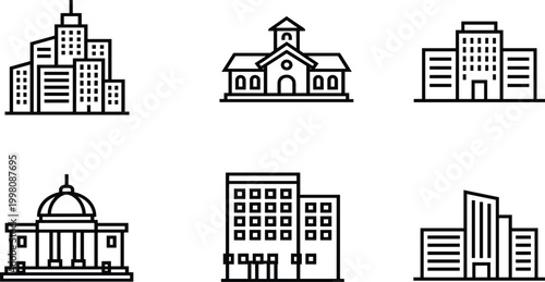 Real estate and public building line icon set featuring government office, school, bank, and skyscraper for urban city architecture projects,