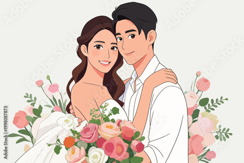 Wedding Portrait of Newlywed Couple with Floral Bouquet