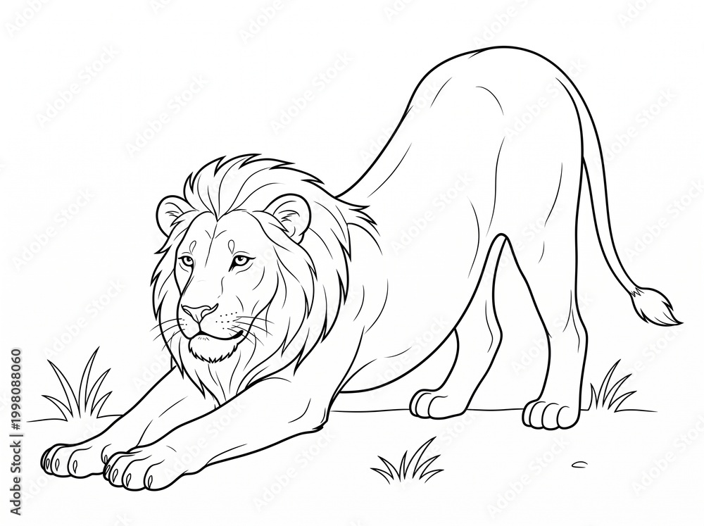 Obraz premium Cartoon lion stretching on grass in minimalist black and white line art. Line art, coloring page