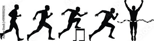 Running man silhouette set featuring athlete sprinting jumping hurdles and crossing finish line ribbon isolated on white background for sports design,