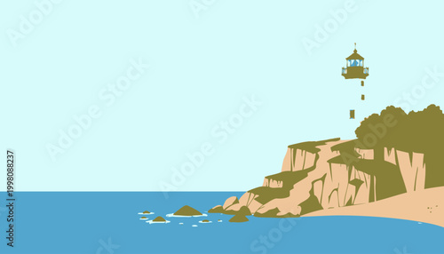 Scenic Coastal View Featuring a Picturesque Lighthouse on a Cliff Overlooking a Tranquil Ocean with Rocky Shoreline Under a Clear Blue Sky