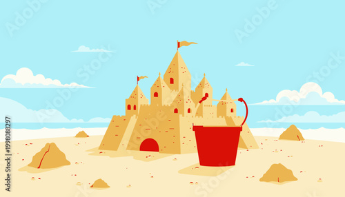 Majestic Sandcastle on a Sunny Beach with Bright Red Bucket and Shovel Against a Clear Blue Sky and Ocean Background