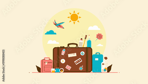 Colorful Travel Scene Featuring Suitcases, Sunscreen, Airplane, and Sun Illustrating Vacation and Adventure Planning