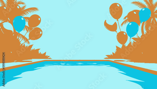 Vibrant Outdoor Poolside Oasis with Colorful Balloons and Palm Trees on a Sunny Day Against a Blue Sky with White Fluffy Clouds