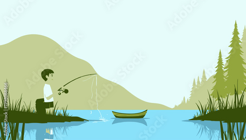 Tranquil Scene of Fisherman Engaged in Leisurely Fishing by a Serene Lake Amidst Lush Green Hills and Reflections on a Clear Day