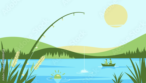Scenic Lake Fishing Adventure with Boat at Sunrise Amidst Serene Hills and Blooming Nature Under a Clear Sky