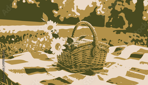 Sunlit picnic scene with a woven basket and daisies on a red plaid blanket set in a lush green park, evoking a peaceful and cheerful outdoor gathering atmosphere