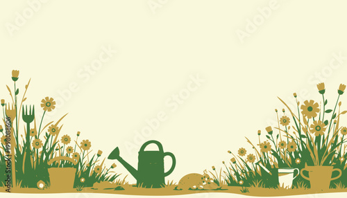 Vibrant Garden Scene with Watering Can, Flowers, and Gardening Tools Creating a Serene and Colorful Outdoor Ambiance