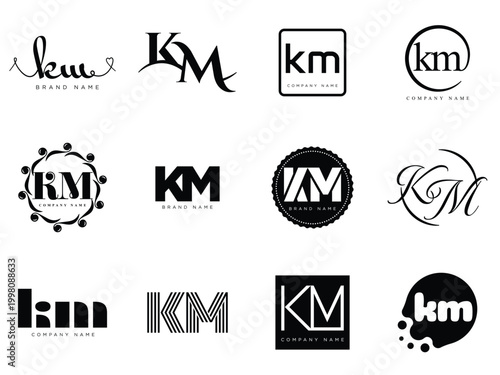 KM logo company template. Letter k and m logotype. Set different classic serif lettering and modern bold text with design elements. Initial font typography.