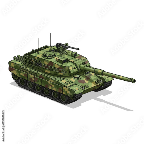 Isometric vector pixel art of a military tank, a powerful war machine