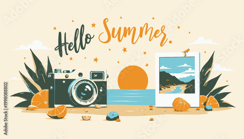 Retro Camera on Tropical Beach with Orange Slices and Scenic Photograph Capturing Vibrant Summer Vibes and Warm Sunset Glow