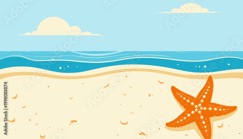 Vibrant starfish resting on sunlit sandy shore near gentle ocean waves under a clear blue sky with fluffy white clouds