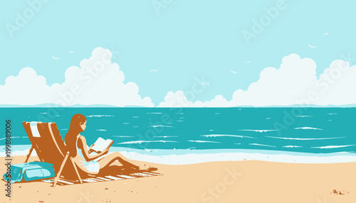 Woman Relaxing and Reading on a Beach Chair by the Ocean with Waves and Clouds under a Bright Blue Sky