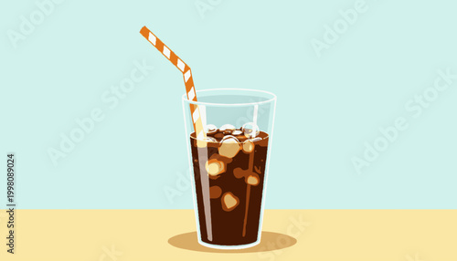 Refreshing Glass of Iced Beverage with Orange Straw and Floating Ice Cubes on Minimalist Background