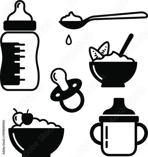 Baby feeding baby bottle pacifier bowl of food spoon sippy cup