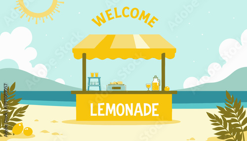 Charming Beachside Lemonade Stand with Yellow Canopy and Fresh Juices Under Blue Sky