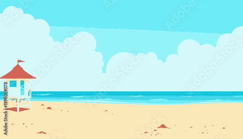 Serene Coastal Landscape with Lifeguard Tower, Expansive Beach, Gentle Shores, and Clear Blue Skies for Ultimate Relaxation Amidst Nature's Beauty
