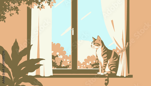 Tranquil Scene of a Calico Cat Perched on a Windowsill Gazing Outdoors Amidst Lush Green Foliage Framed by Elegant Draped Curtains and Sunlit Ambiance